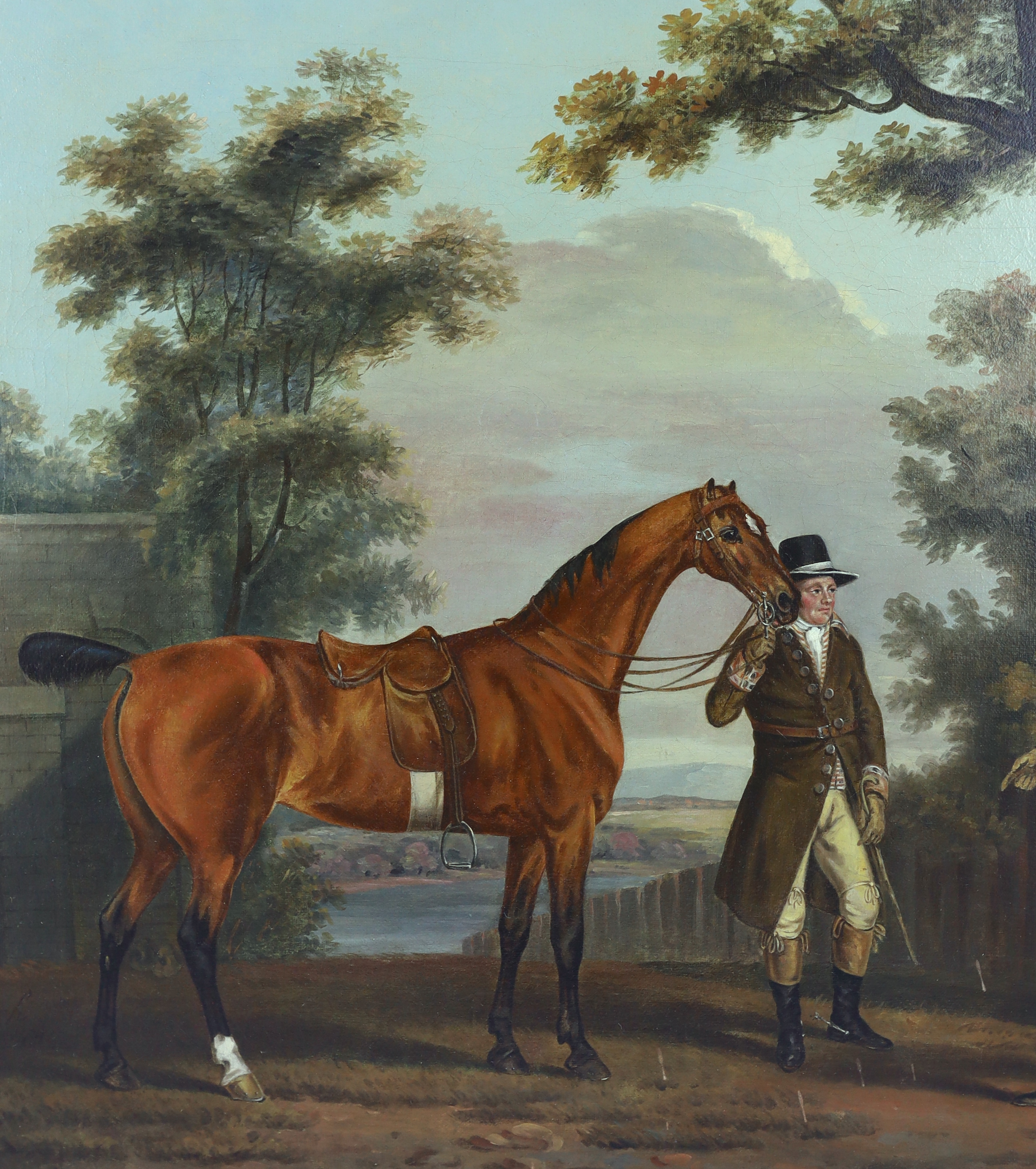 Manner of Thomas Stringer (English, 1722-1790), A gentleman, groom and chestnut horse in a landscape, oil on canvas, 49 x 60cm